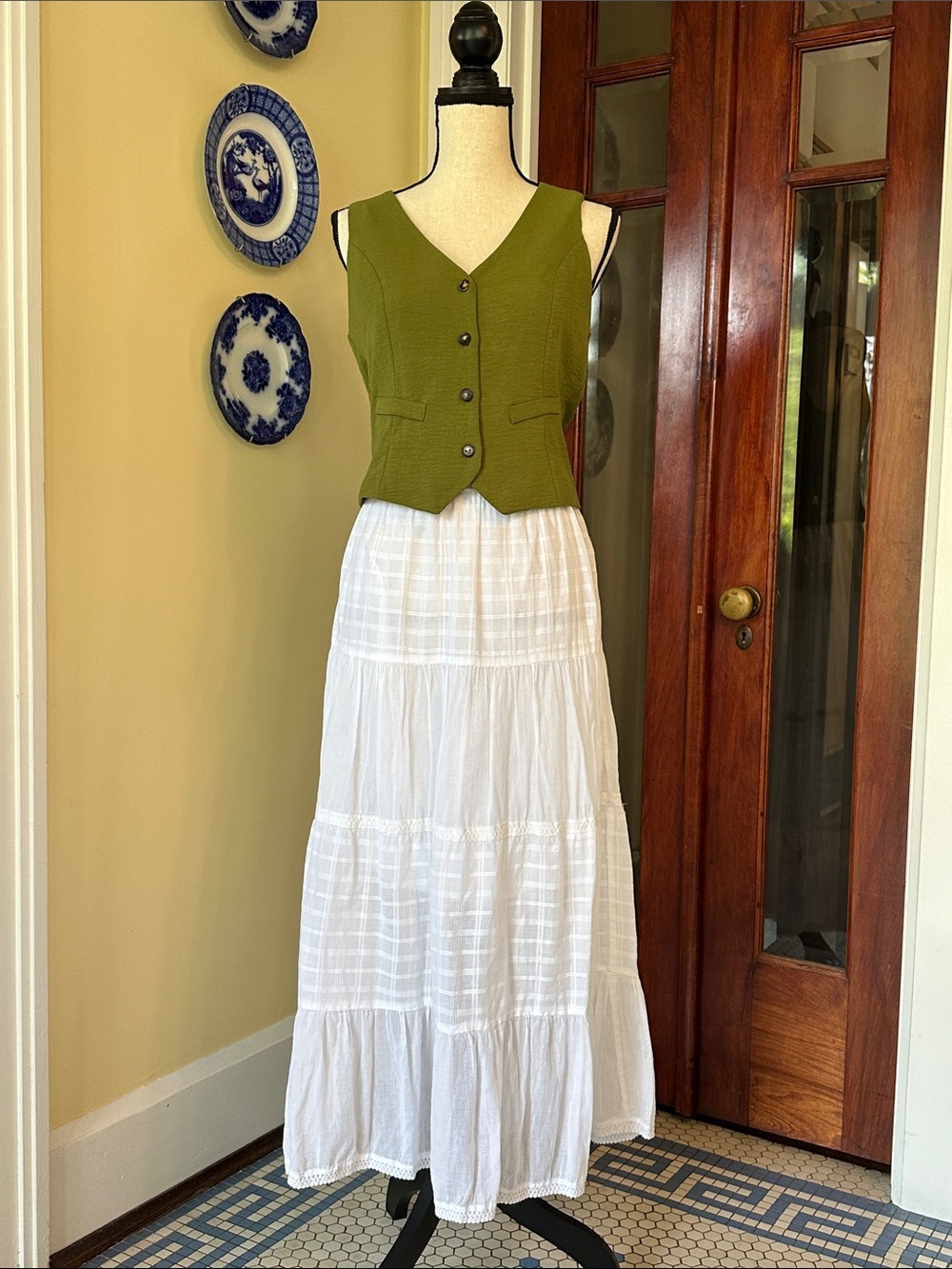 New Direction | White Tiered Boho Maxi Skirt Lace Details Elastic Waist, Size 2X